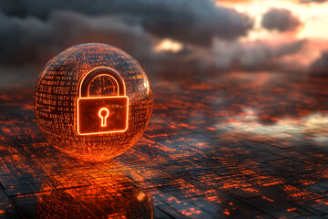 Glowing orange sphere with a padlock icon, rests on a digital surface, against a sunset backdrop. Represents cybersecurity, data protection, and digital security.