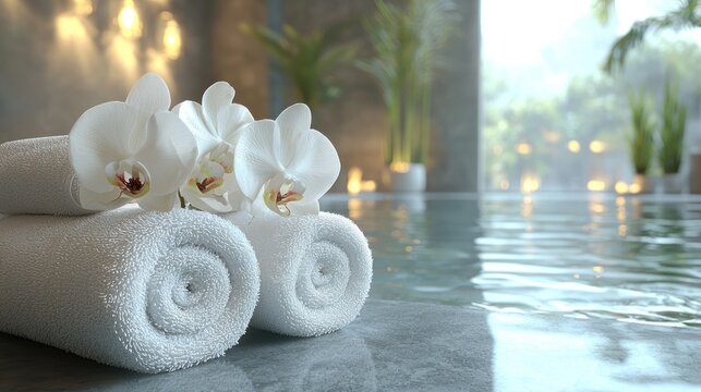 Spa relaxation towels, orchids by pool, tranquil background