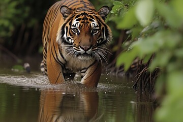 Obraz premium Majestic tiger prowling through water, showcasing vibrant stripe