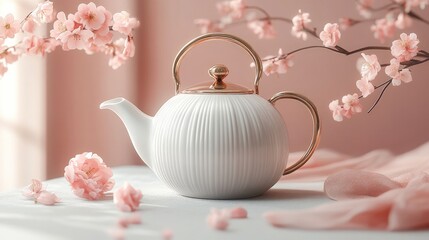 A sophisticated white ceramic kettle with a gold handle, elegantly styled against a pastel-colored background, radiating charm.
