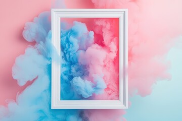 Empty white frame surrounded by swirling pastel smoke