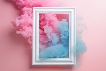 Empty white frame surrounded by swirling pink and blue smoke on a pink background
