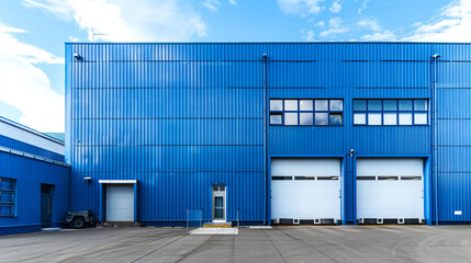A blue metal storage facility with a roller shutter door and an empty parking lot.