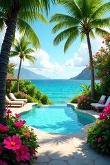 Fototapeta premium Serene Oceanside Pool Retreat with Lush Tropical Flora and Inviting Lounge Chairs