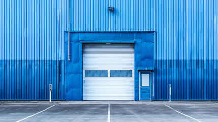 A blue metal storage facility with a roller shutter door and an empty parking lot.
