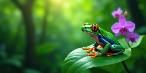 Naklejka premium Vibrant Red-Eyed Tree Frog Perched on Lush Green Leaf Amidst Delicate Purple Orchids in a Verdant Forest
