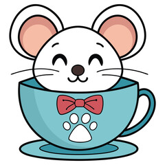 Cute Cartoon White Mouse with Bow Tie in Teacup Paw Print