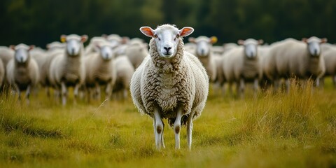 Fototapeta premium A group of white sheep standing on green grass, with one sheep facing the camera in the center, blurred background of grass and distant hills