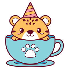 Cute Cartoon Tiger Cub with Party Hat in Blue Cup with Paw Print Design