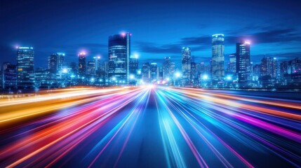 Fototapeta premium Cityscape at night with vibrant light trails on a highway. 
