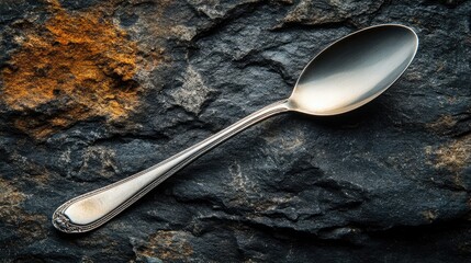 A textured stone background features an elegantly positioned dinner spoon, gracefully illuminated by soft lighting for a refined touch.
