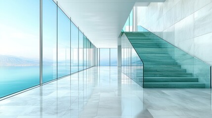 Obraz premium Modern glass staircase, ocean view, luxury hallway, marble floor, high-rise building; interior design
