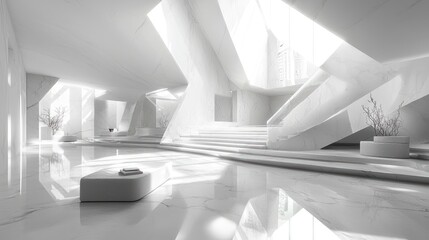 Modern white marble interior, sunlit atrium, staircase, minimalist design, architectural visualization