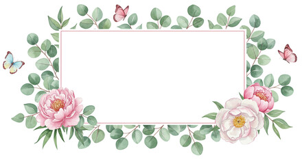Delicate pink peonies and eucalyptus leaves frame a blank space, adorned with fluttering butterflies, creating a serene and elegant watercolor design.