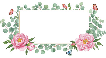 Delicate pink peonies and eucalyptus leaves frame a blank space, adorned with fluttering butterflies, creating a serene and elegant watercolor floral design.