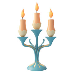 Fototapeta premium Stylized candelabra with pastel colors, light blue base, pale orange candles, minimalist design, curving branches, symmetrical composition, PNG file isolated on transparent background 