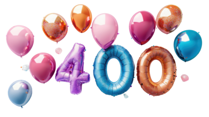 Colorful balloons forming number 400 floating on transparent background