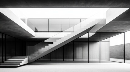 Obraz premium Modern concrete house, interior courtyard stairs, glass walls, minimalist design, architectural visualization