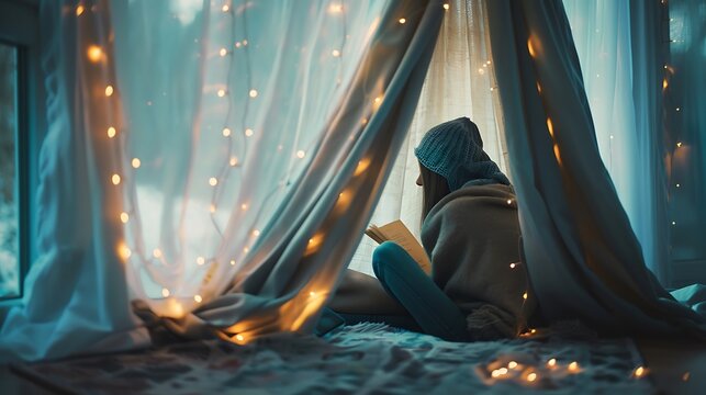 A cozy reading nook with a person curled up under a blanket and fairy lights.

