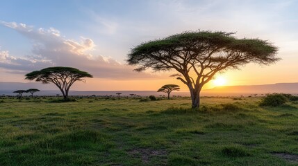 A beautiful sunset over the Amboseli savannah, with golden light casting shadows over acacia trees, transforming the landscape into a calm and tranquil scene.