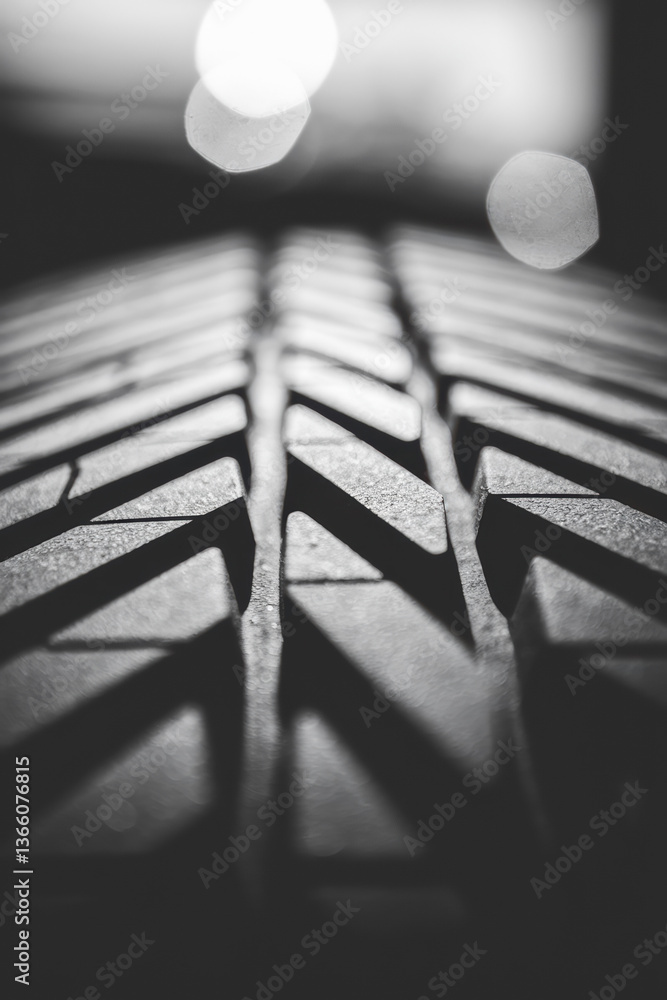 Poster close-up of textured tire tread in monochrome with soft background bokeh
