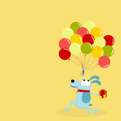 Bright illustration with a blue dog. The dog runs with colorful balloons and a gift on a yellow background.