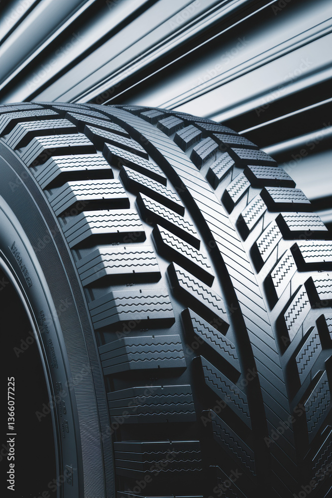 Poster close-up of sleek winter tire with intricate tread patterns against a dynamic metallic background