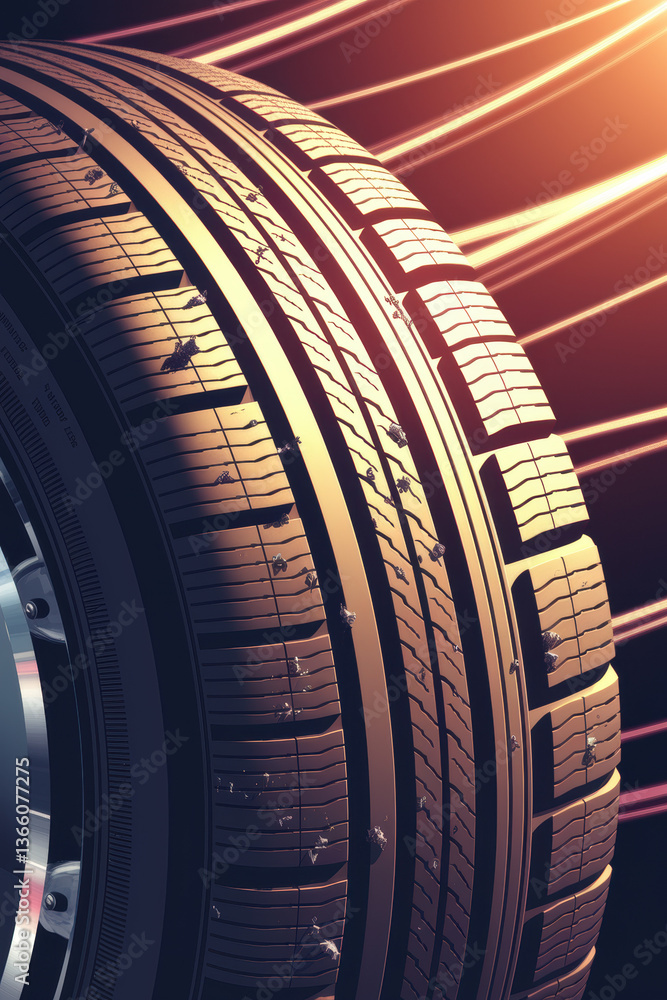 Poster dynamic close-up of high-performance tire with futuristic light trails in warm hues