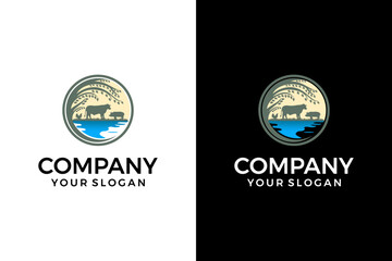 farm landscape, cow, pig, chicken logo design inspiration