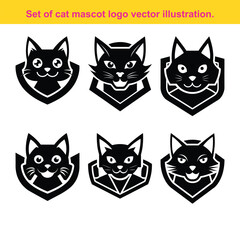 Black and White Cat Mascot Logo Set Featuring Shield Style Vector Design
