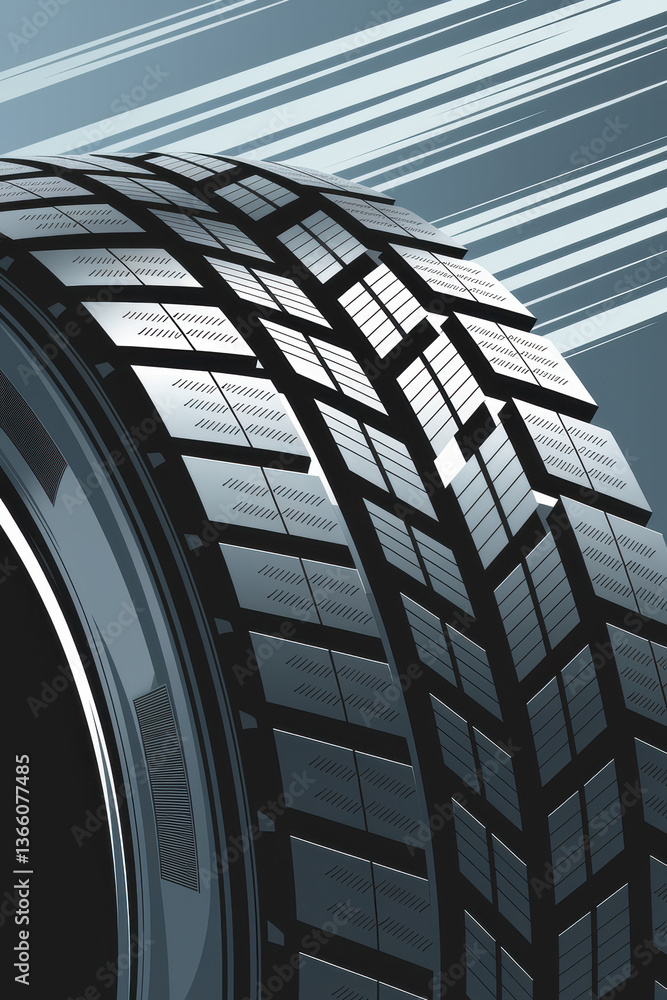 Poster dynamic close-up of modern tire tread with motion lines in cool blue tones