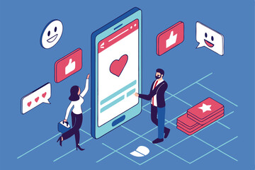 92 Isometric business people, giant smartphone, holographic social media icons, thumbs up, smiley faces, hearts, blue background, digital marketing concept, 3D illustration, vibrant colors, profession