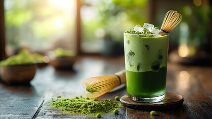 A glass of iced matcha latte, accompanied by a bamboo whisk and scattered green powder, glows beautifully in the soft morning light.