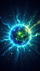 Obraz premium A futuristic depiction of magnesium glycinate with vibrant blue and green neon lights illuminating from within a spherical capsule.