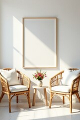 Sunlit Room Featuring Two Rattan Chairs, a Wooden Side Table with Flowers, and a Blank Framed Canvas Above