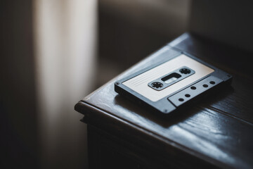 Nostalgic Retro Cassette Tape Resting on Wooden Surface Bathed in Soft Natural Light
