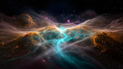 Vibrant Nebula Scene With Blue And Orange Hues Filled With Stars And Cosmic Dust In A Dark Space Background