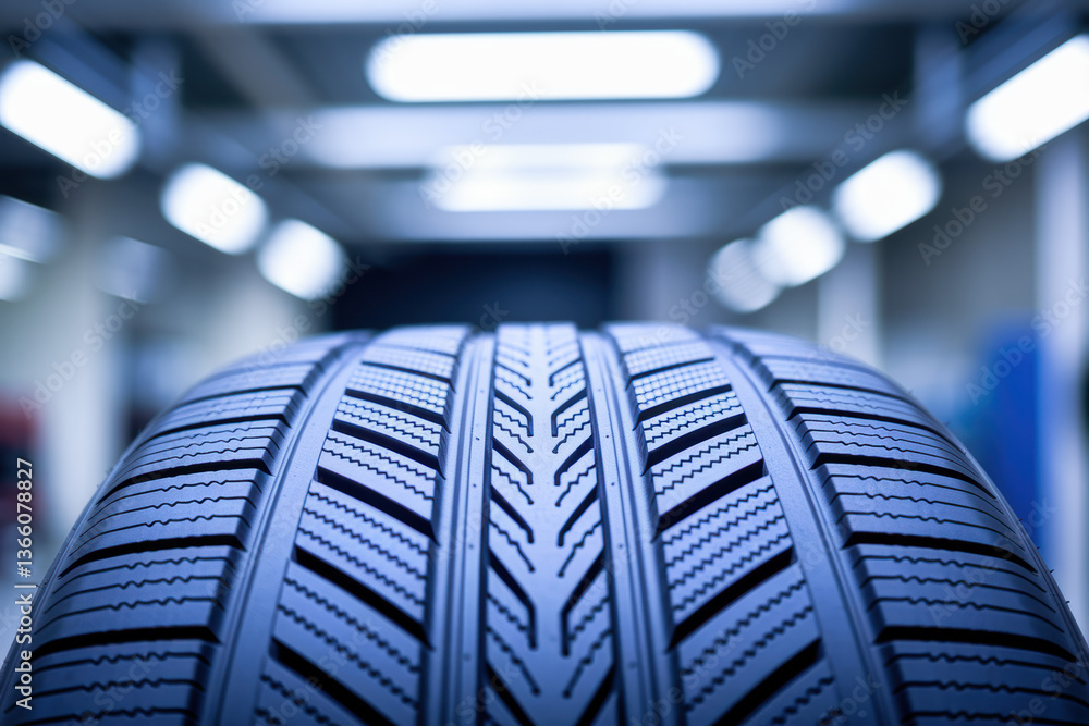 Poster close-up of a high-performance winter tire with intricate tread patterns in modern workshop setting