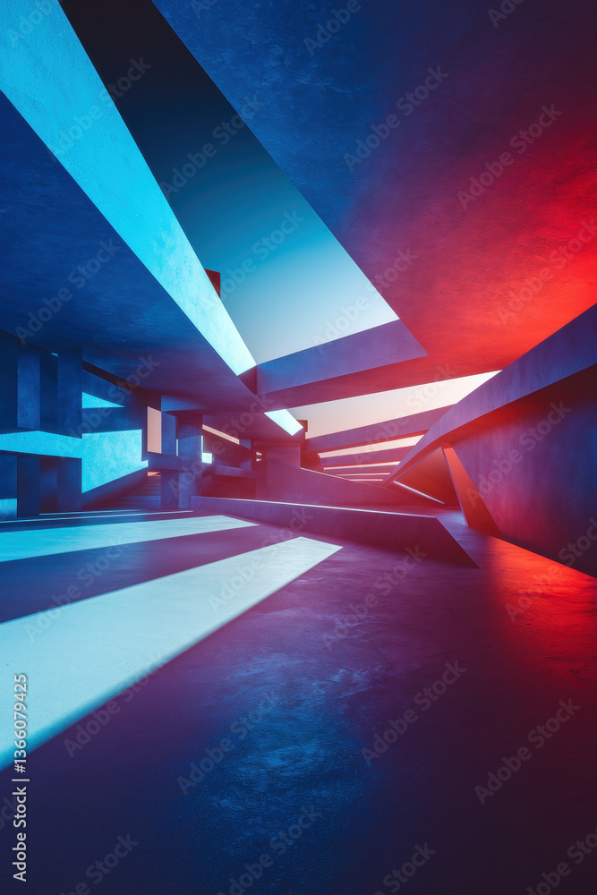 Poster futuristic abstract architecture with dynamic blue and red light play in a modern space