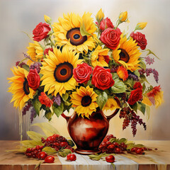 Obraz premium A colorful illustration of a vase with sunflowers, roses and other plants
