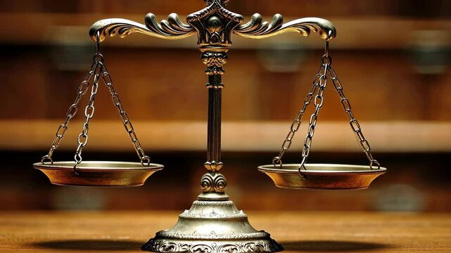 Justice balance stands elegantly on wooden table in classic courtroom setting for legal proceedings