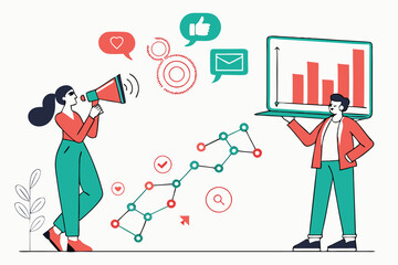 93 Digital marketing illustration, social media icons, business professionals, data analytics, megaphone, laptop, flat design, coral and teal color scheme, infographic elements, vector art, clean layo