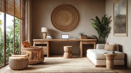 An earthy African-inspired office with natural wood furniture, handwoven baskets, and rich earthy tones, promoting creativity and inspiration
