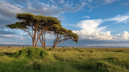 Fototapeta premium A tranquil Amboseli savannah scene, where the setting sun casts soft golden light over acacia trees, creating dramatic shadows across the plains.