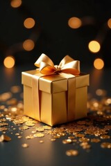 A Luxurious Golden Gift Box Adorned with a Shiny Satin Bow, Resting on a Bed of Sparkling Golden Confetti Against a Dark Background with Subtle Bokeh Lights