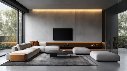 A sleek modern living room with minimalist furniture, geometric shapes, and neutral colors, creating a contemporary and sophisticated space