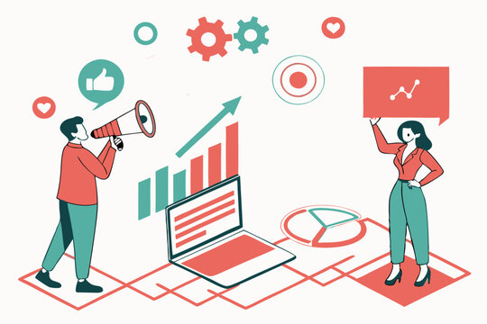 93 Digital marketing illustration, social media icons, business professionals, data analytics, megaphone, laptop, flat design, coral and teal color scheme, infographic elements, vector art, clean layo