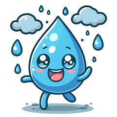 A cartoonish water droplet is smiling and dancing in the rain