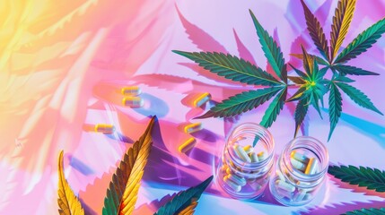 Сannabis leaves and pharmaceutical capsules with glowing bokeh background in close up view