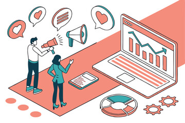 93 Digital marketing illustration, social media icons, business professionals, data analytics, megaphone, laptop, flat design, coral and teal color scheme, infographic elements, vector art, clean layo